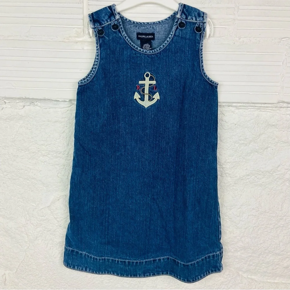 RALPH LAUREN denim jean sleeveless cotton nautical embroidered anchor dress SZ 6
